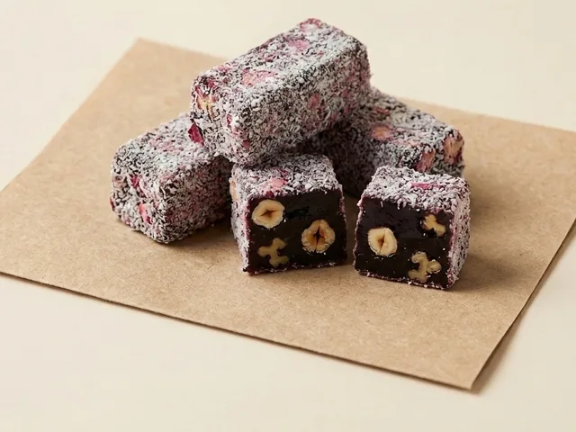 Coconut coated black mulberry and hazelnut royal lokum