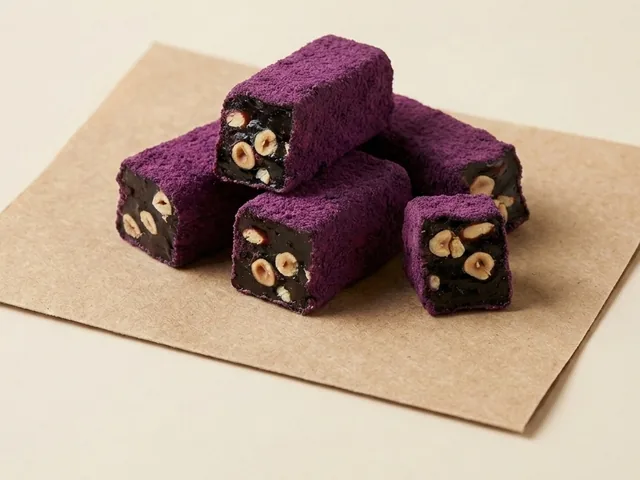 Purple-velvet coated black mulberry and hazelnut royal lokum