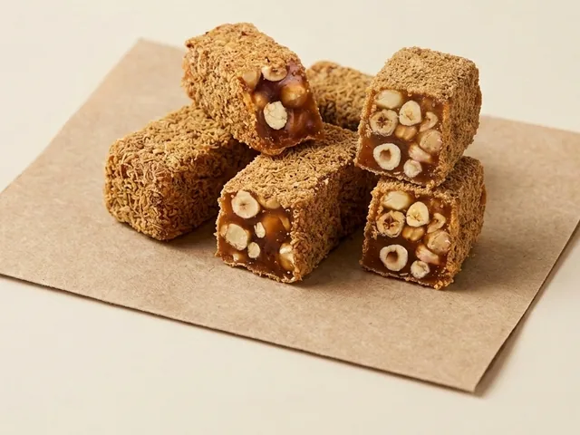 Ground-hazelnut coated honey and hazelnut royal lokum