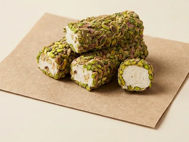 Grey-pistachio coated white pistachio Aleppo-style lokum