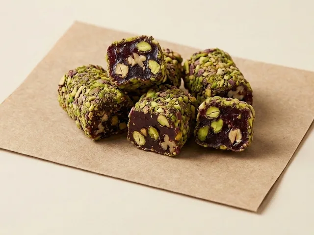 Whole-pistachio coated pomegranate and pistachio Aleppo-style lokum
