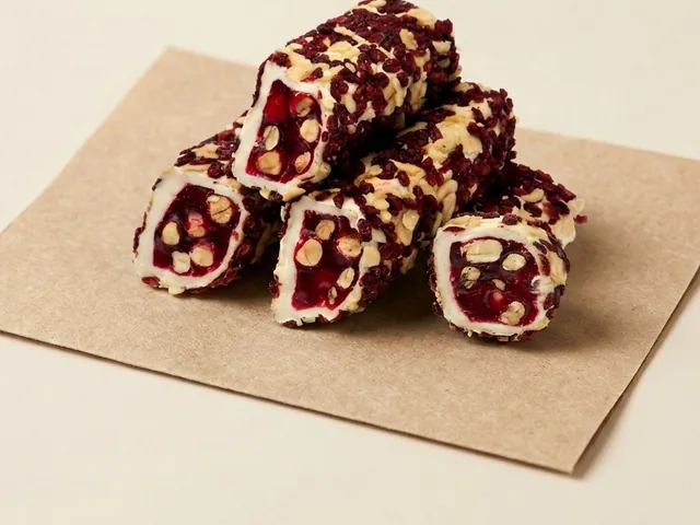 Barberry coated pomegranate and hazelnut Aleppo-style lokum