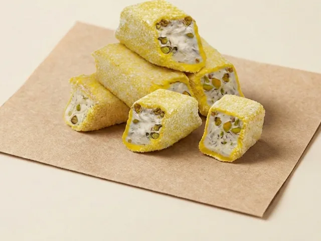 Coconut coated banana and pistachio Aleppo-style lokum