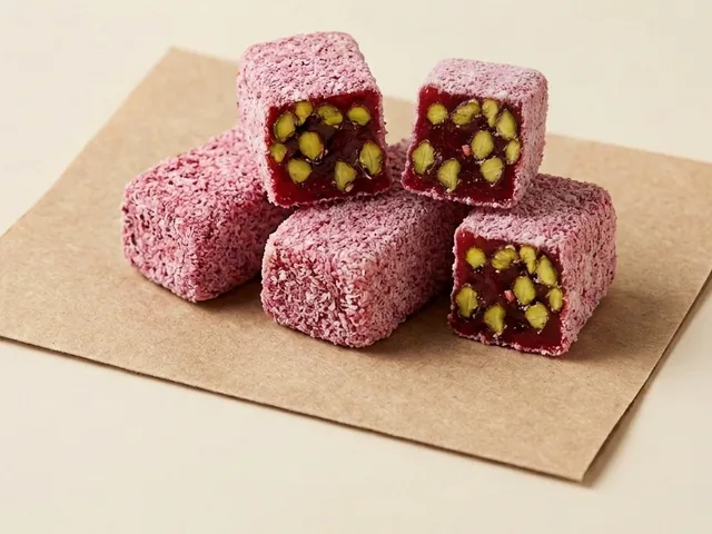 Coconut coated pomegranate and pistachio Aleppo-style lokum