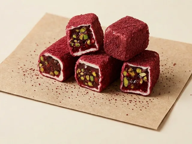 Red-velvet coated pomegranate and pistachio Aleppo-style lokum