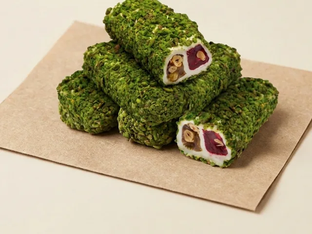 Pistachio-grain coated two-colour hazelnut Aleppo-style lokum