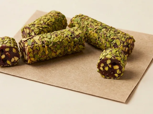 Aleppo-style pomegranate roll, pistachio filling and coating